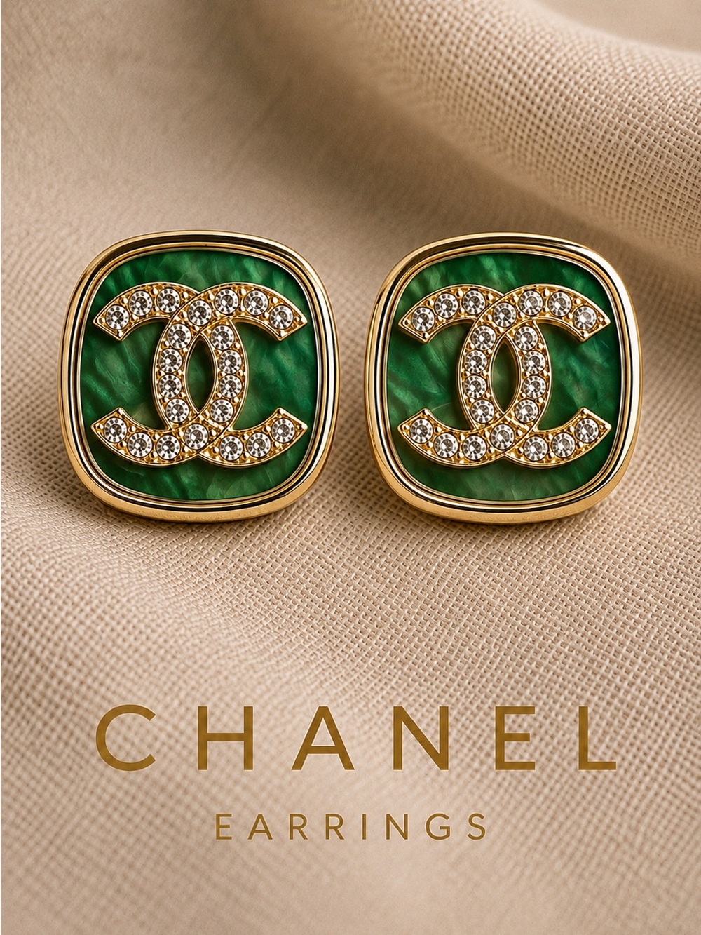 CHANEL Gold-Tone Green Mother-of-Pearl CC Stud Earrings